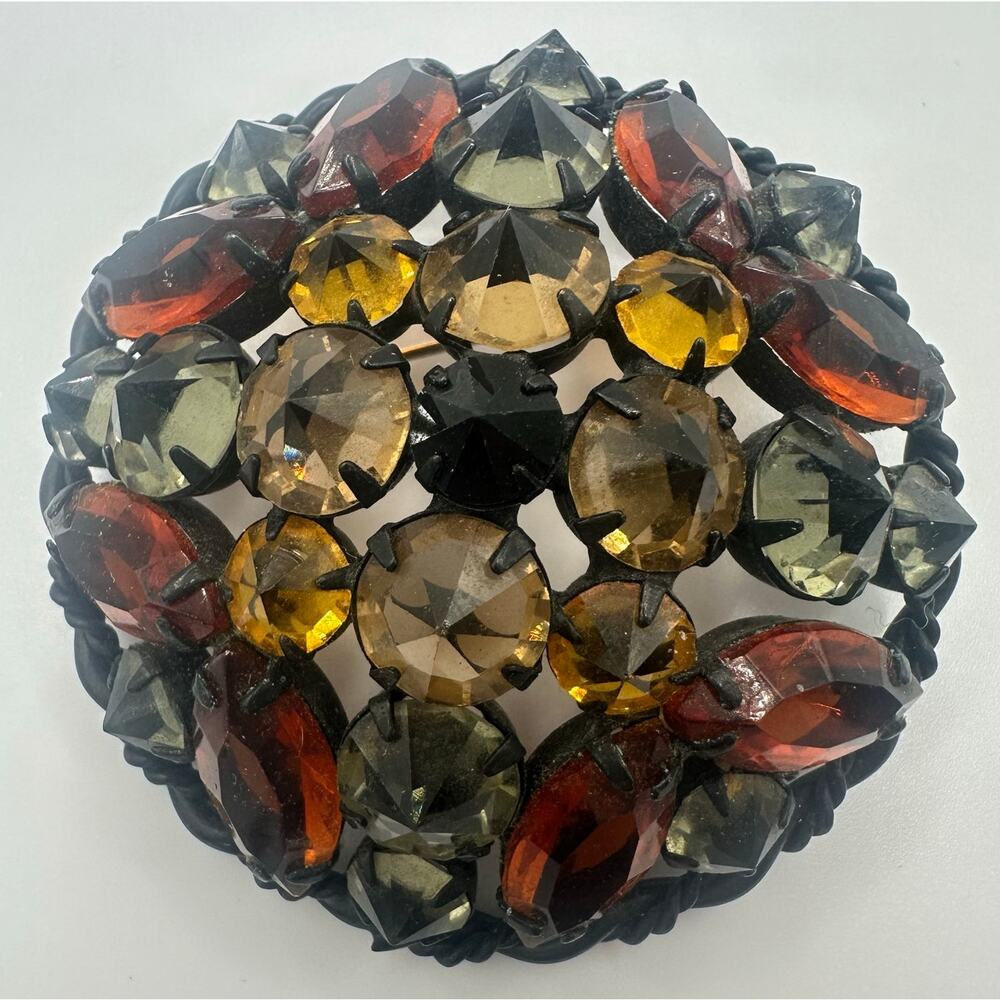 Schreiner black gunmetal japanned faux smoky topaz inverted rhinestones brooch